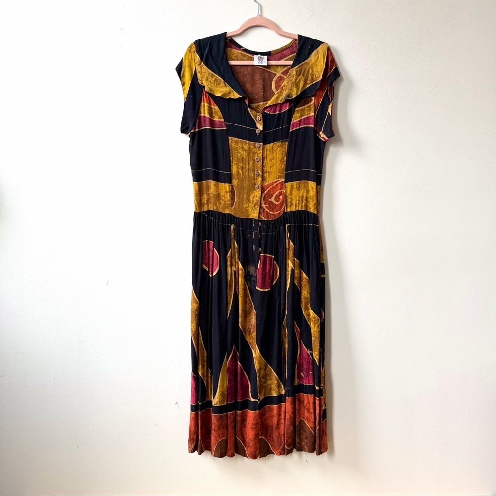 Vintage 90s Black Gold Red Abstract Drop Waist Midi Dress Rayon Medium